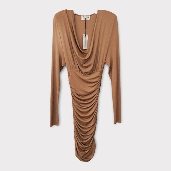 Alexandre Vauthier Draped Jersey Cowl Neck Mini Dress Tan NWT Womens Size 6 / 38 - Picture 5 of 13